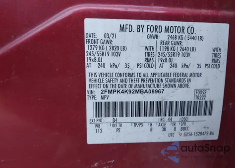 2021 Ford Edge Titanium z USA, uszkodzony, nr VIN 2FMPK4K92MBA08967